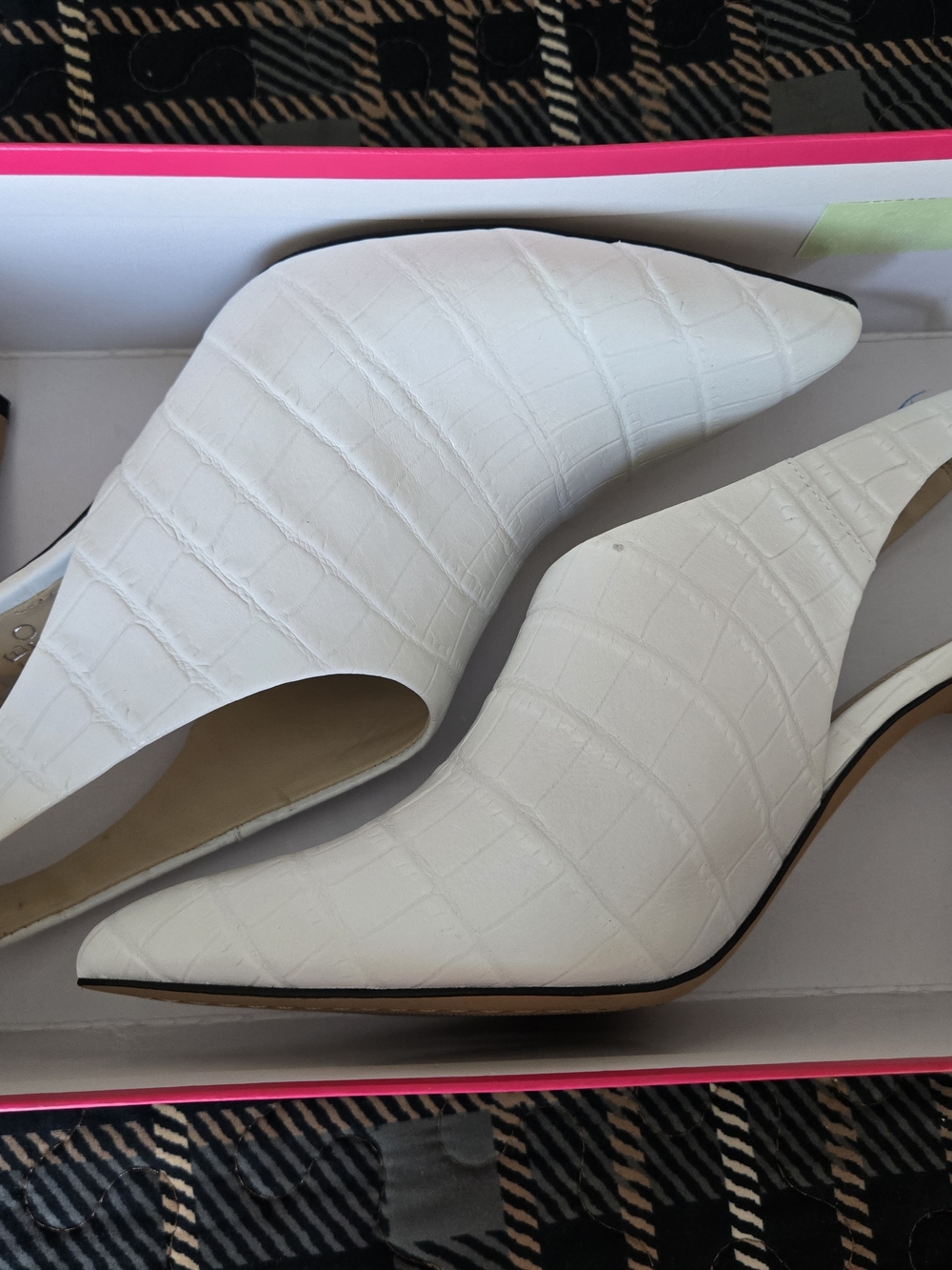 White Croc-Embossed Pointed Toe Slingback Heels
